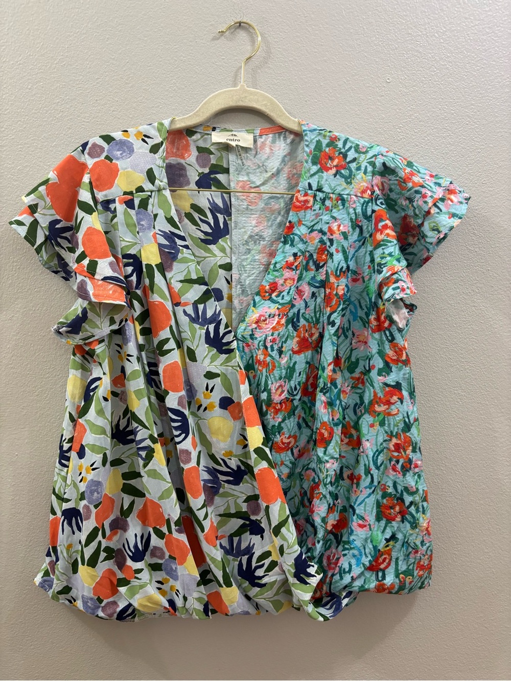 entro Split Floral Ruffle Sleeve Top - Turquoise & Orange